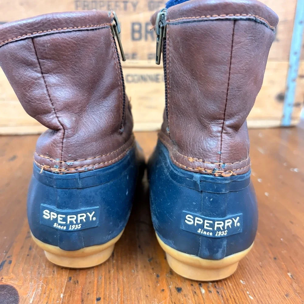 Sperry Saltwater Kids 1‎ Duck Boots Navy Brown Leather Fleece Lined Rain Boots
